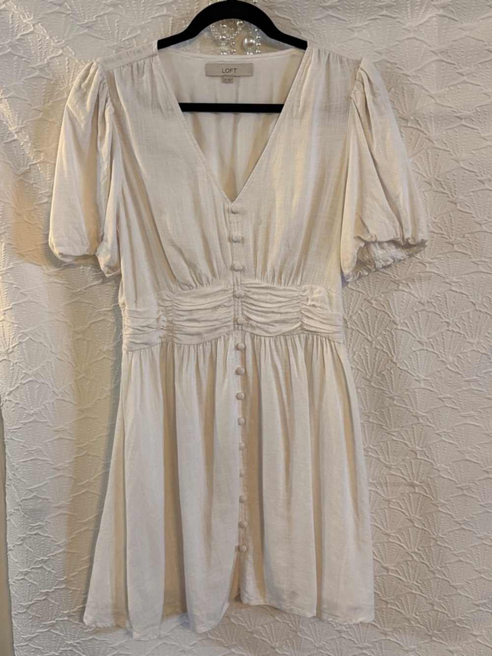 LOFT Cream Button-Front Mini Dress with Puff Sleeves PTP: 17” L: 35”
